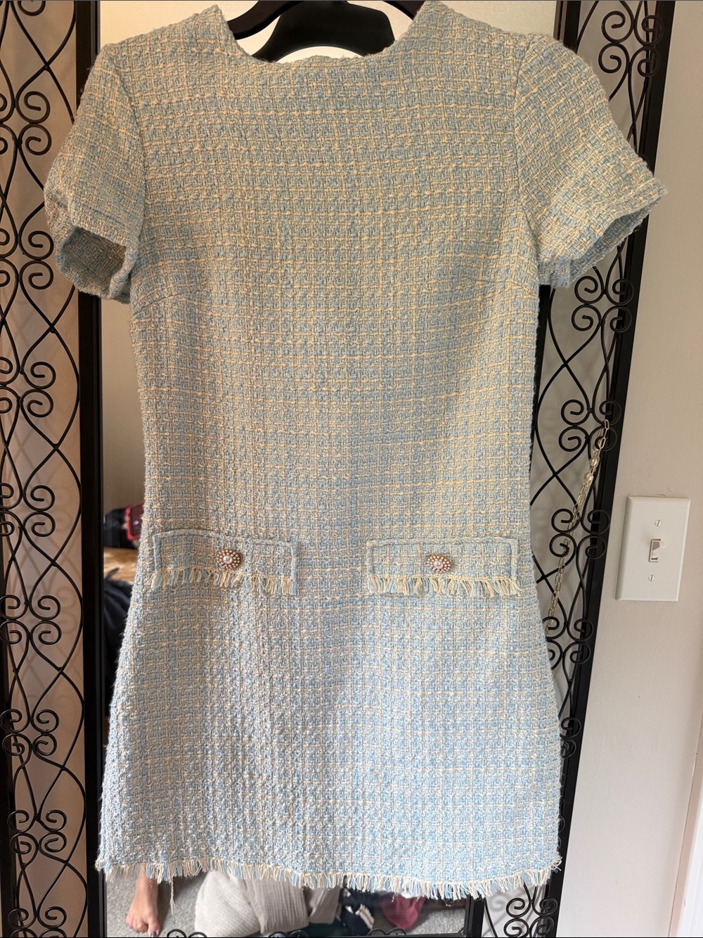 BeBop Pale Blue Tweed Short Sleeve Shift Dress